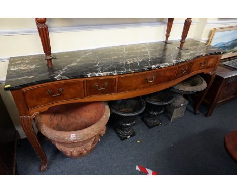 A large reproduction mahogany and marble top console table,&nbsp;labelled 'Lysberg &amp; Hansen, ...Kobenhaven', 199.5cm wide