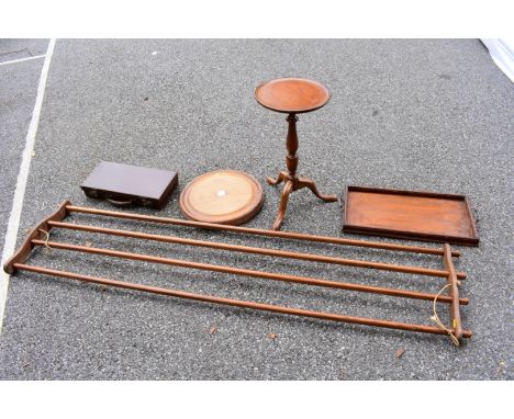 A quantity of wooden items; to include; a tripod wine table and a hanging clothes rail, stamped 'GR IV'. 