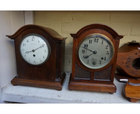 A late Victorian mahogany mantel timepiece, the enamel dial inscribed 'Jas Shool Bred &amp; Co', 30cm high, (lacking pendulum