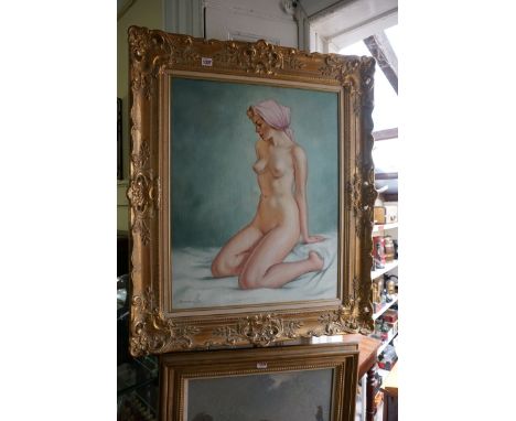 Russian School,&nbsp;portrait of a kneeling nude, indistinctly signed, oil on canvas, 69.5 x 54.5cm.&nbsp; 
