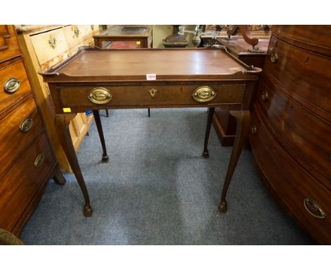 An 18th century Irish mahogany silver table,&nbsp;with shaped gallery top and hoof feet, 79cm wide, (repairs and restorations