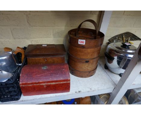 A Shaker style box and cover, 29cm high; together with a Georgian mahogany sarcophagus tea caddy, (s.d.); and another Georgia