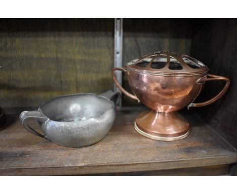 A Liberty 'Tudric' pewter twin handled bowl, No.0405, 19cm wide; together with an Arts &amp; Crafts hammered copper twin hand