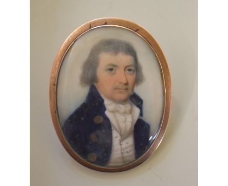 Follower of Andrew Plimer, bust length portrait portrait miniature of a gentleman wearing a blue coat and white cravat, proba