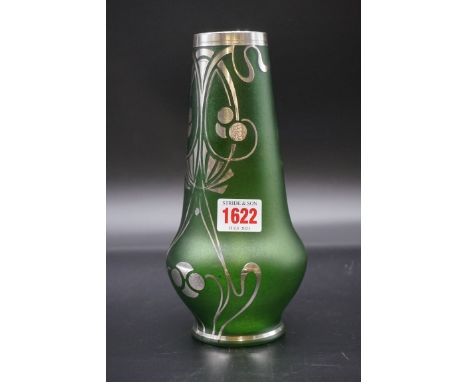 A Loetz style Secessionist silver overlaid green glass vase,&nbsp;22cm high. 