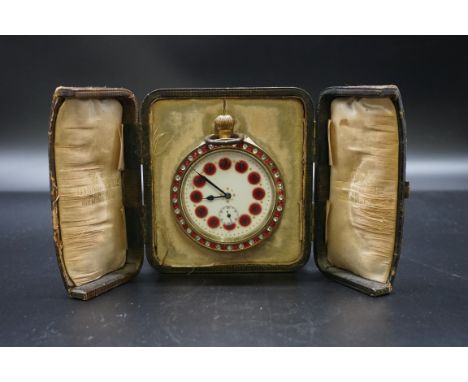 A good late 19th century jewelled brass ball clock,&nbsp;the enamel dial with subsidiary seconds, 7.5cm diameter, (shallow ch