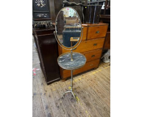 An antique Continental brass and marble top tripod shaving stand,&nbsp;132cm high. 