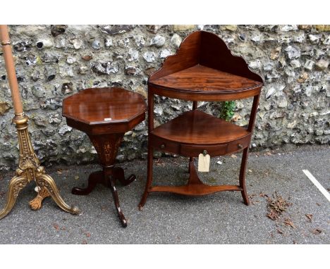 An antique inlaid tripod work table, 44cm wide x 70cm high; together with a mahogany corner washstand, 62cm wide x 103cm high