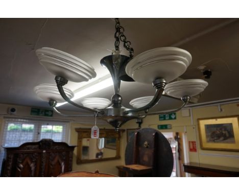 An Art Deco chrome six branch ceiling light,&nbsp;with frosted glass shades, 75cm diameter.&nbsp; 