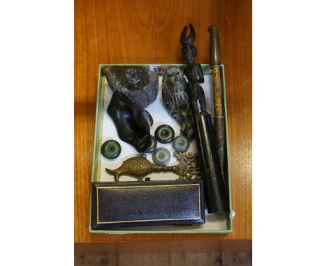 A mixed lot, to include: a Syrian oil lamp, silver gilt masonic medal; a Lands End serpentine memento; Oriental pipe; etc. 