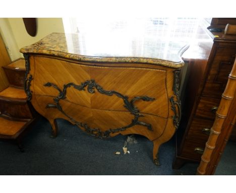 A late 19th century, Louis XV style, kingwood and gilt metal mounted marble top commode,&nbsp;labelled 'Smee &amp; Cobay, Lon