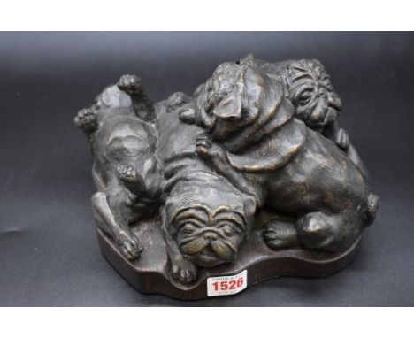 Don Wieden,&nbsp;'A Pile of Pugs', limited edition bronze sculpture, on oak base, 26cm wide. 