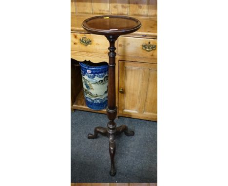 A good antique mahogany tripod torchere,&nbsp;with dished top, labelled 'John Tucker &amp; Son, Kensington', 100cm high. 