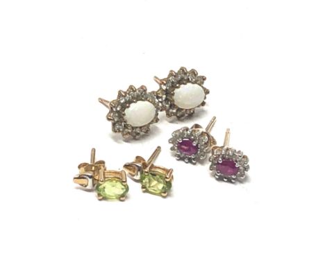 3 x 9ct gold paired gemstone stud earrings inc. opal, clear gemstone, peridot, ruby &amp; diamond (4.8g) 