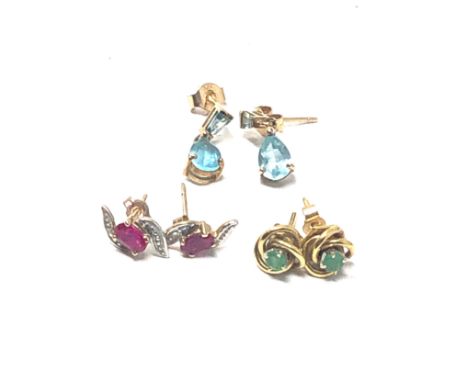 3 x 9ct gold paired gemstone stud earrings inc. topaz, emerald, synthethic ruby &amp; diamond (3.8g) 