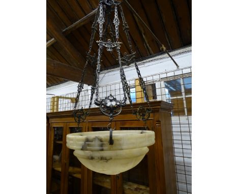 Alabaster Plafonnier with Greek Key detail and hanging chains. Diameter 35cm approx&nbsp;