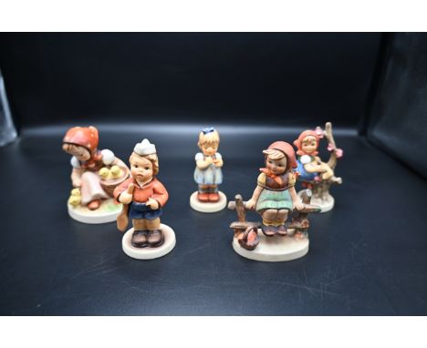 5 Goebel M J Hummel figurines to incl Chick Girl 57/0, Love Petals 804, Spring 141 4/0, First Mate 2148/6 and Just Resting 11
