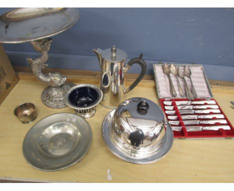 Silver plate table wares inc fish tazza, cutlery etc