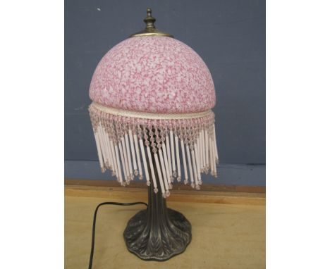 Art deco style table lamp with beaded pink glass shade 42cmH