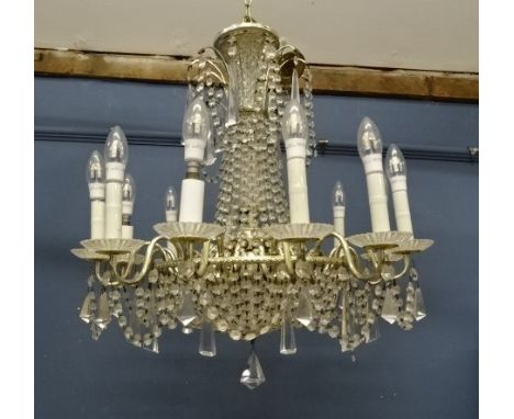 12 branch English gilt brass and cut glass waterfall Chandelier. Drop 70cm Diameter 60cm approx&nbsp;
