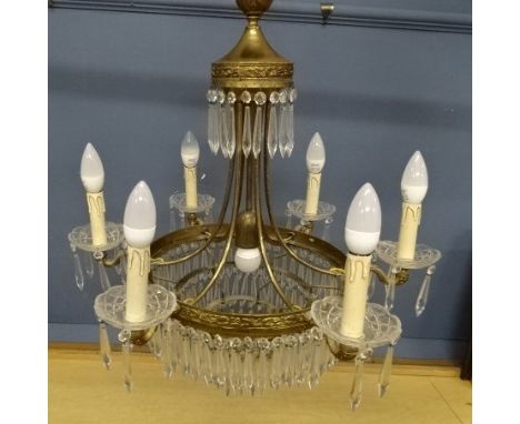 French 6 branch gilt brass and cut glass Chandelier. Drop 65cm Diameter 55cm approx&nbsp;