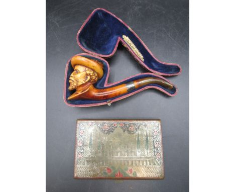 Meerschaum pipe with silver collar in case with an Indian engraved cigarette case (Taj Mahal)