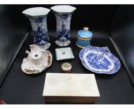 Limoges trinket pot and horse ashtray, floral inkwell, Delft vase pair, Spode dish, Kirkham pot, commemorative pot