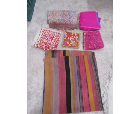 Vintage eastern style textiles- a striped rug 156x150cm, 2 pillow shams, pink throw 200x175cm Aztec print throw and silky pin