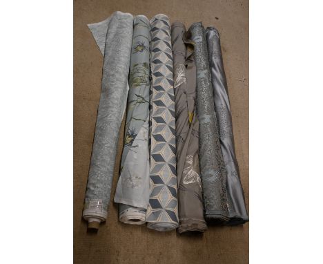 6 rolls of patterned upholstery material to incl grey silk print, teal print, yellow/cream flower grey patterned, and 3 desig