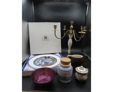 Wedgwood ice pot, studio pottery beach scene pot, Royal Crown Duchy boxed plate, jug, lacquered dish and a candelabra&nbsp;