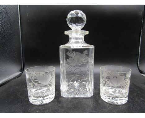 Etched decanter and&nbsp; matching 2 scotch glasses&nbsp;
