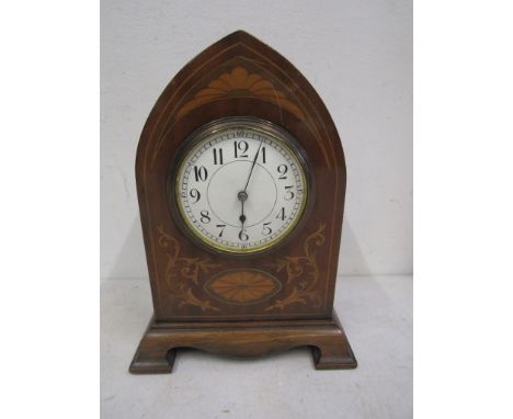 Edwardian inlaid gothic mantel clock 24cmH clock glass missing&nbsp;