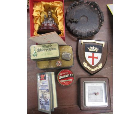Collectables- Buddha in gift box, barometer, heraldic shield, vintage tins etc