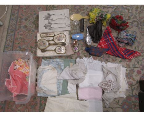 Various linens, scarves, vanity sets, a silver hair brush -broken..