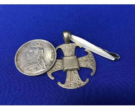 NORWEIGIAN ENAMEL TIE CLIPalong with Victorian silver crown, unmarked cross pendant, set of glass earrings and pendant