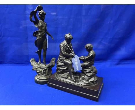 20TH CENTURY SPELTER FIGURE GROUPtiled 'Ye Maunna Tramp on the Scotch Thistle'; together with two other spelter figures, part