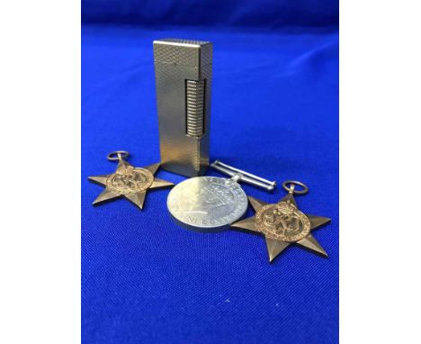THREE WAR MEDALS AND A GILT DUNHILL LIGHTER 
