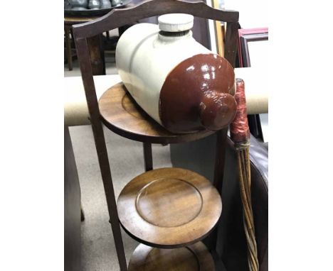 MAHOGANY THREE TIER CAKE STANDtogether with a stoneware hot water bottle and a carpet beater (3)