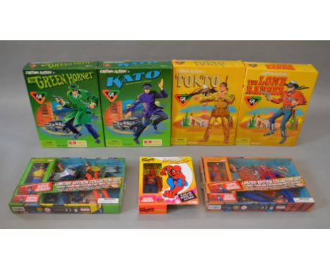 Quantity of retro style action figures and accessories: four Playing Mantis Captain Action Hero Series (Tonto, Lone Ranger, G