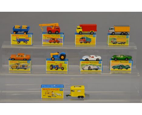 Nine Lesney Matchbox models, mostly Superfast: #39 Ford Tractor; #40 Hay Trailer; #41 Ford GT; #42 Iron Fairy Crane; #43 Pony