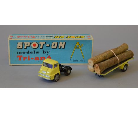 Spot-On #111A/OT Ford Thames Trader With Articulated Flat Float Without Sides With Log Load, with scarce light yellow cab and