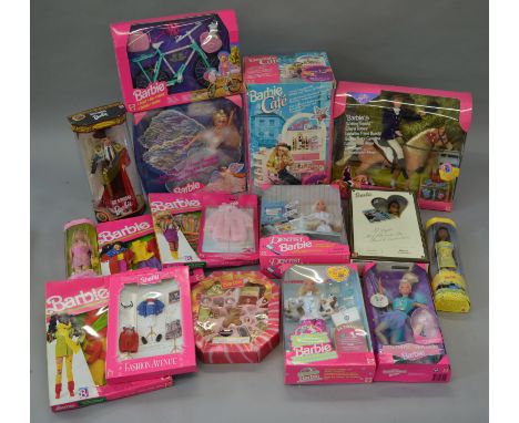 17 Mattel Barbie dolls, accessories and sets including Barbie Cafe, Spanish Barbie etc. All boxed.