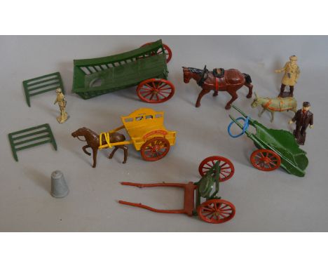 Quantity of metal figures: Charbens Costermongers Cart in green with red wheels, with donkey and costermonger (one foot missi