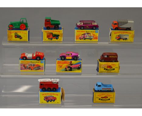 Nine Lesney Matchbox models: #1 Diesel Road Roller; #2 Muir-Hill Dumper; #7 Ford Refuse Truck; #19 Road Dragster; #22 Freeman