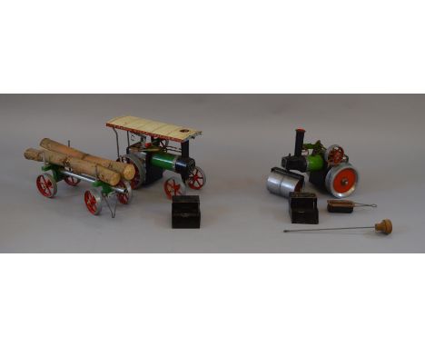 Live Steam. Mamod. SR1 Roller & TE1a Traction Engine. Overall F, one missing burner tray. Together with lumber wagon.
