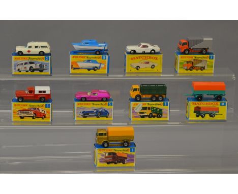 Nine Lesney Matchbox models, mostly Superfast: #1 Mercedes Truck; #2 Mercedes Trailer; #3 Mercedes Benz Binz Ambulance with l