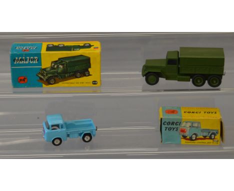 Two Corgi Toys: #409 Forward Control Jeep FC-150; #1118 International 6x6 Army Truck. Both G+ in F-G boxes. (2)