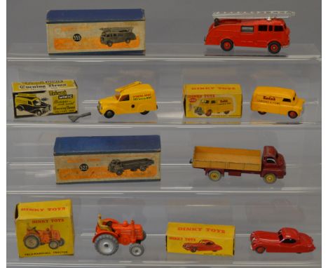 Five Dinky Toys: #157 Jaguar XK120 Coupe; #301 Field-Marshall Tractor; #480 Bedford 10 CWT. Van 'Kodak'; #522 Big Bedford Lor