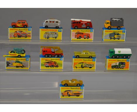 Nine Lesney Matchbox models, mostly Superfast: #29 Racing Mini; #30 8-wheel Crane; #31 Lincoln Continental; #32 Leyland Petro