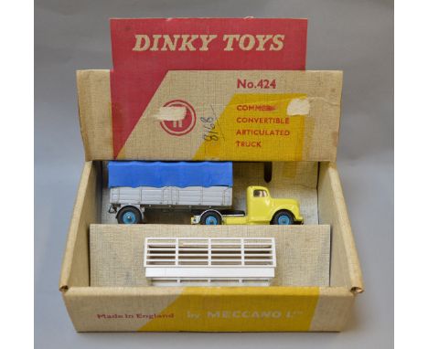 Dinky Toys No. 424, Commer Convertible Articulated Truck, primrose yellow cab with silver back, light blue hubs, with blue pl